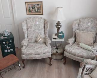 end tables, wing back chairs, cross stitch, foot stool