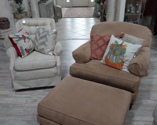 Smith Brothers chair with ottoman, rocker/swivel chair, throw pillows