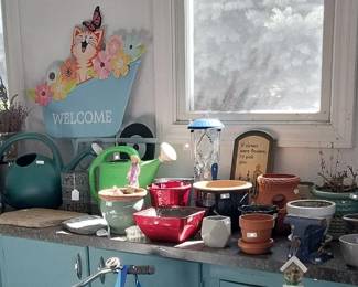 garden, planters, water cans, statuary