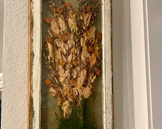 Dried flower shadow box  in antique window.  38” x 16”. 