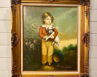 French boy with a dog, repro oil painting, 31” x 27” with frame. 