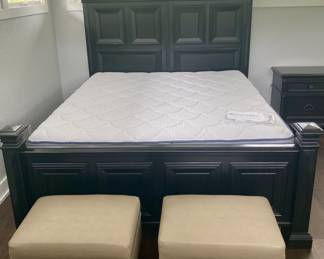 King bed frame with new Serta Perfect Sleeper mattress and box spring. Headboard comes apart in 2 pieces. 