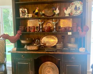 Rustic 2 piece buffet China hutch with key. 
Over all height 8 ft, width 6 ft. 
Bottom section is 36.5” tall and 22” deep. Top section is 60” tall and 13” deep.  Note: The family has set a reserve price on this piece.