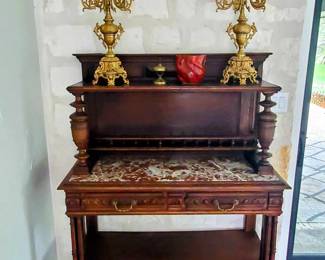 Victorian Walnut and Marble topped Sideboard 64” tall, 45” wide, 18” deep