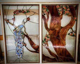 Large peacock 2 pain stained glass, 6ft x 5ft