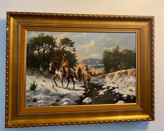 Gary Lynn Roberts, Native American hunting party oil painting. 47” x 34” with frame. 