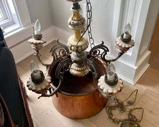 Tuscan Hand Painted Brass and Ceramic 5  Arm Chandelier