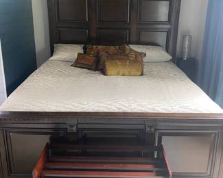King bed frame with new Lux Estate mattress. Headboard comes apart in 2 pieces. 