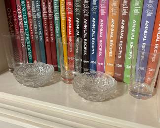 Cook books, mid century glasses, crystal dishes