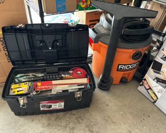 Rigid shop vac with hose and attachments, tool box