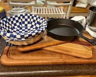 Cast iron frying pan, cutting boards 