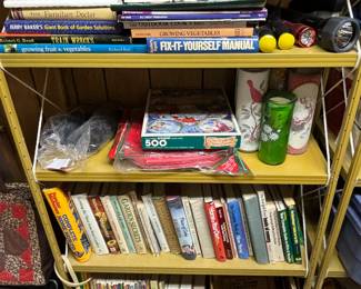 Books, games, candles, flashlights, puzzles, vintage ball darts