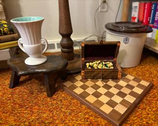 Vintage chess set, vase, crock