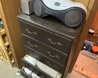 Vintage dresser, Sony cd player portable stereo boombox, linens 