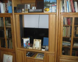 Wood media cabinet and glass display cabinets (3 separate pieces)
