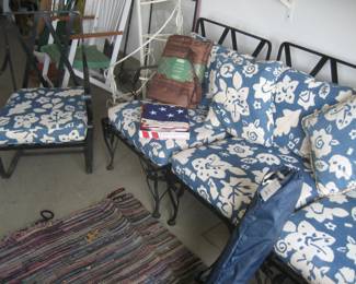 Wrought iron patio set and vintage spiral plant stand, Adirondack chair