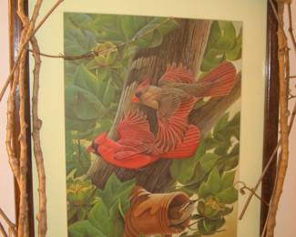 John A. Ruthven "Cardinals and Wren" print in grapevine frame