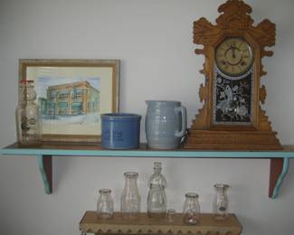 Antique oak clock, crock, stoneware pitcher, framed art, glass bottles