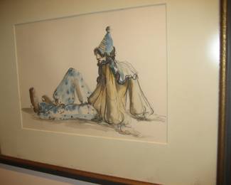 Framed watercolor of clown by MS Mavroulis