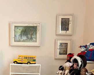3D paintings on glass by Jean Pierre Weill, dolls, Crayola school bus