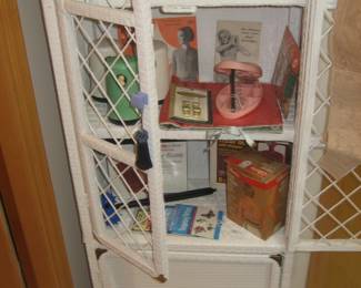 White painted rattan cabinet, assorted vintage notions