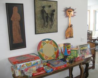 Vintage games, brass rubbing, 3-dimenstional wire art of 3 figures, copper lion, and sofa table