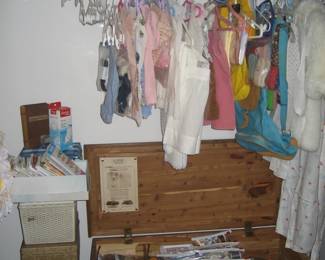Vintage children's clothes, Urkel doll, cedar chest with sewing supplies and patterns