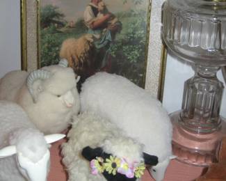 Collectible sheep, glass hurricane lamp, framed art