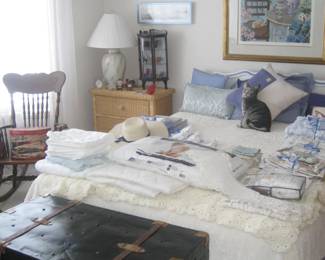 Queen size bed, Comfort Select mattress, bed linens, vintage trunk