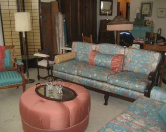 Upholstered sofas, Victorian chair, upholstered ottoman, shoji screen, floor lamp