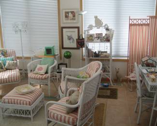 Vintage white wicker porch furniture, tri-fold screen, kitty collectibles, sisal area rug