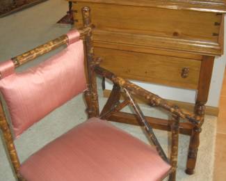 Corner bamboo chair, antique wood lift top desk