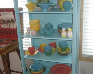 Painted display cabinet, dishes including Fiestaware