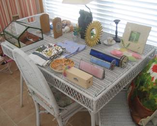 White wicker desk and chairs, kaleidoscopes