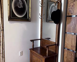 Hall tree with mirror, framed Victorian photo