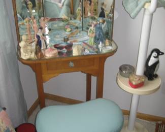 Vanity with 3-way mirror, bench with upholstered seat