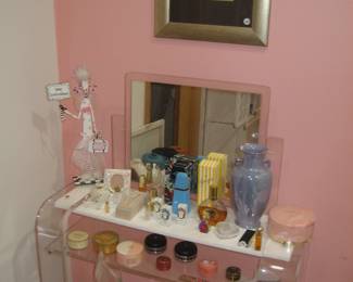 Lucite vanity and stool, perfume bottles, vintage powder boxes