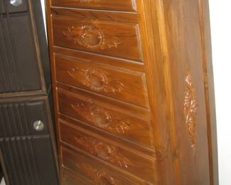 Antique carved tapezoid-shape wood chest, pair of vintage Lafayette speakers