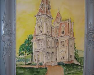 Framed watercolor of Victorian home