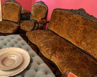 18th century parlor furniture set- a settee and 3 chairs, need a little work- but so would you at 300 y/o.