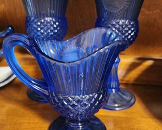 George & George (2) Goblets with A Mt. Vernon Gravy pitcher - Cobalt Blue Glass