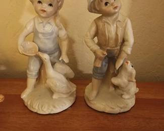 Porcelain Country Boy With Dog And Girl With Duck Figurines