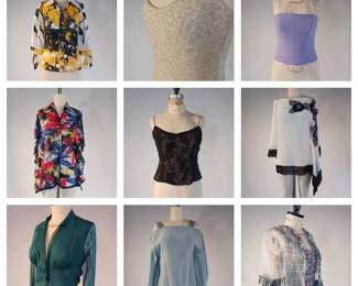 Color and accents are shown wonderfully in this group- Teal, Sky blue, Vivid Red, Blue & White.  Including various styles: Busteau, Cami, Blouse, Tobard. 