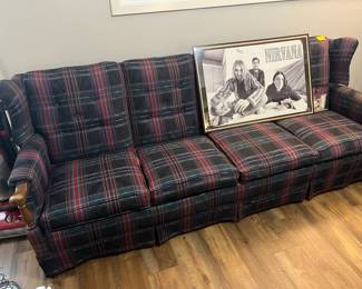 Long 4 cushion plaid sofa & a framed Nirvana poster