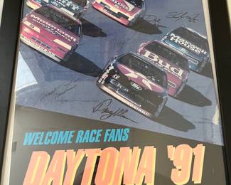 Rare 1991 Daytona 500 poster with Bill Elliott, Ricky Rudd, Geoff Bodine, Sterlin Marlin, Davey Allsion, and Dale Jarett autographs