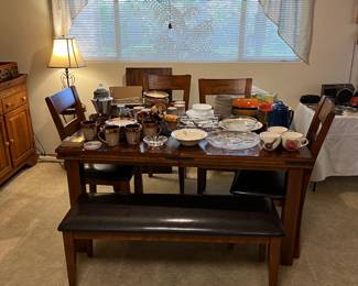 Dining table + leaf extension + chairs and a bench