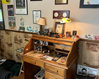 Golfing collectibles + vintage solid wood roll-top desk