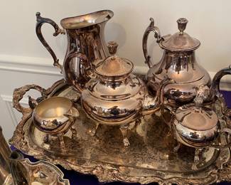 Loads of entertainment serving pieces including coffee/tea service