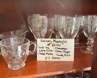 Large 57 piece set of HEISEY MOONGLO crystal stemware and plates!