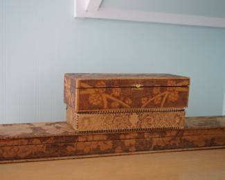 There are over 20 of the pyrography boxes. Made by the ladies of the early 1900's to store hankies, gloves , letters and more. 